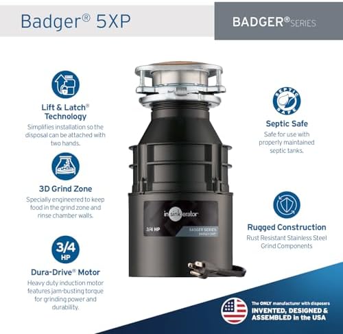 InSinkErator Badger 1 Garbage Disposal with Power Cord, Badger Series 1/3 HP Continuous Feed Food Waste Disposer