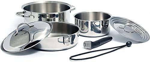 Camco 7 Piece Stainless Steel Cookware Nesting Pots and Pans Set w/Lids, Detachable Handles & Storage Strap for Camping, Tailgating, and RV