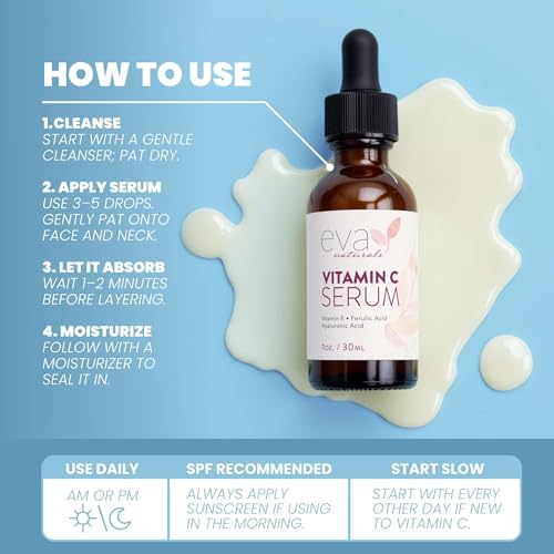 Eva Naturals Vitamin C Serum 20%, Hyaluronic & Ferulic Acid, 1 oz | Vitamin E, dark spots, acne, anti-aging, glow, even skin tone