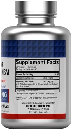 tnvitamins Glucosamine Chondroitin MSM Capsules, 240 Count | 4, 000 mg Per Serving | 2, 000 mg Glucosamine Sulfate 2KCl + 2