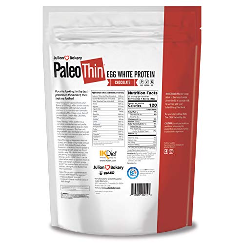 Julian Bakery Paleo Thin Protein Powder | Chocolate | Egg White | Soy Free | 22g Egg White Protein | 3 Net Carbs | 2.18 LBS | 30 Servings