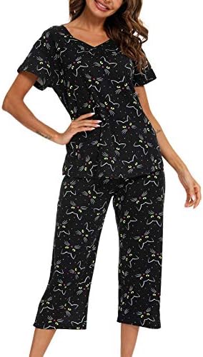 ENJOYNIGHT Womens Pajama Set Cotton Summer Pj Top with Capri Pant Sleepwear