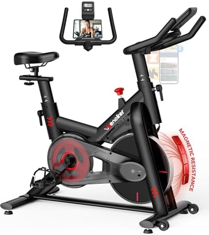 Wenoker Exercise Bike for Home, Magnetic Stationary Bike with App Sync, Indoor Cycling Bike with Adjustable Seat & Handlebar, Quiet Belt Drive, LCD Monitor, Tablet Holder & Transport Wheels for Cardio Workout