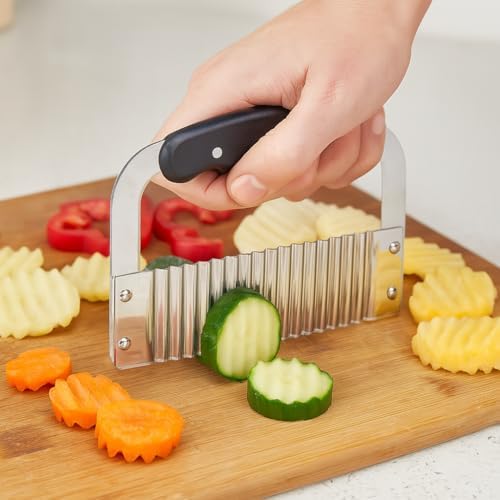 HIC Kitchen Crinkle-Cut Wave Slicer French Fry Vegetable Cutter, Stainless Steel Blade