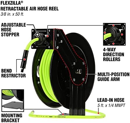 Flexzilla Open Face Retractable Air Hose Reel, 3/8 in. x 50 ft., Heavy Duty, Lightweight, Hybrid, ZillaGreen - L8611FZ