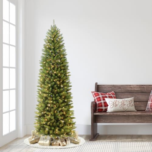 Puleo International 7.5ft Pre-Lit Fraser Fir Pencil Christmas Tree with 350 Clear Lights, 1188 Realistic Dense Branch Tips, Easy Setup Artificial Trees with Sturdy Metal Stand