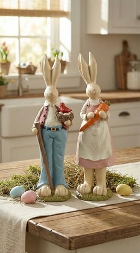 Easter Bunny Decorations Couple Rabbit Holding Bird Chutes and Carrot, Hand-Painted Crafts Statue