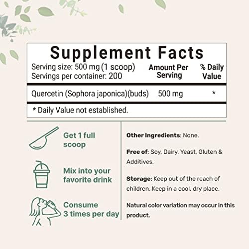 Pure Quercetin Dihydrate Powder, Quercetin 500mg Per Serving, 100 Grams, Most Bioavailable Grade and Filler Free, Powerful Antioxidant Supports Energy