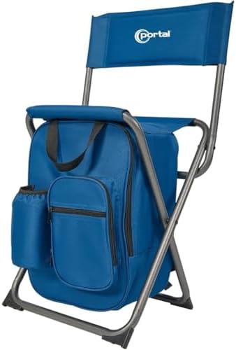 Portal Backpack Cooler Chair with Backrest, Portable Folding Stool | Blue, up to 350 lbs, Cup Holder, Zipper Pocket, Non-slip Foot
