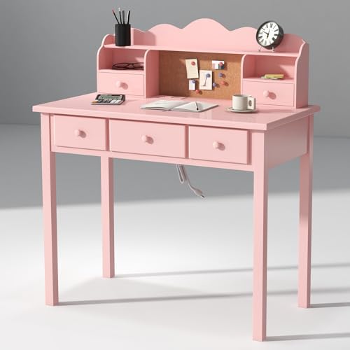 FUNKOCO Writing Desk with Hutch, 40" Small White Desk for Girls, 5 Drawers