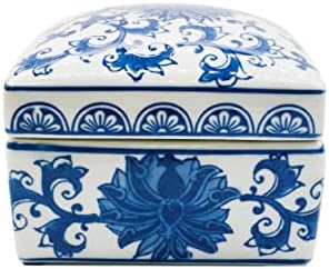 Blue & White China Lotus Floral Pattern Chinoiserie Square Ceramic Storage Box Jewelry Trinkets Organizer