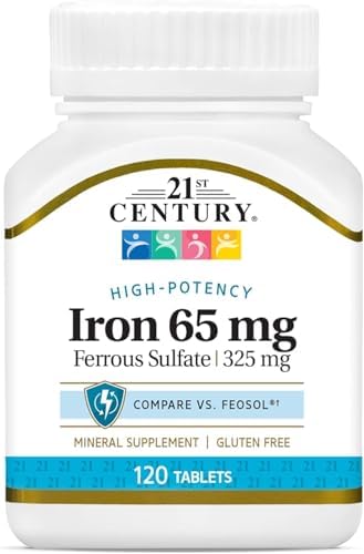 21st Century Slow-Release Iron 65mg High Potency Tablets, 120 Count | High-Potency Iron 65 mg From Ferrous Sulfate, Energy & Healthy Red Blood Cell Support, Slow-Release & Gentle on the Stomach