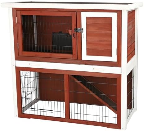 TRIXIE natura Outdoor Rabbit Hutch with Run - 2-Story Rabbit Cage with Non-Slip Ramp - Medium Elevated Small Animal House with Secure Playpen, Hinged Roof & Pull-Out Tray - in Brown