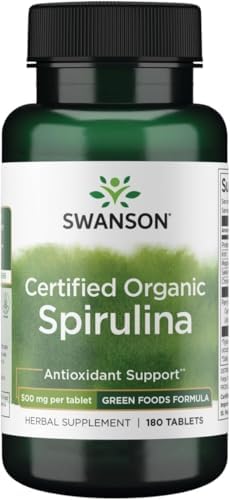 Swanson Certified Organic Spirulina 500 Milligrams 180 Tabs | Most Potent and Digestible Protein Source Among Green Foods; Supports Toxin Removal and Cardiovascular Health; Organic