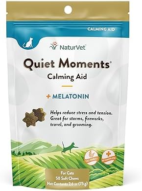 NaturVet Quiet Moments Calming Plus Melatonin Cat Supplement - 50 Count | Calming Aid for Cats - Reduce Stress, Pet Storm Anxiety, Motion Sickness - Great for Grooming, Separation and Travel