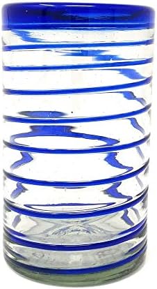 Hand Blown Mexican Drinking Glasses – Set of 6 Glasses with Cobalt Blue Spiral Design (14 oz each)