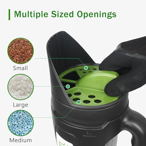 Yhtpouqe Hand held Spreader, Seed Spreader for Ice Melt, Grass Seed, Fertilizer Lawn and Garden. Multiple Adjustable Opening Sizes for Salt, Ice Melt