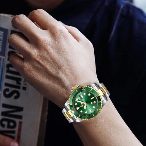 FANMIS Men's Two-Tone Stainless Steel Quartz Watch, Rotating Bezel and Date | Green Dial, Luminous Hands and Markers, Magnified Date Window, Fold-Over Safety Clasp, 30M Water Resistant for Everyday Wear.