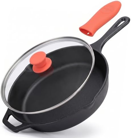 NutriChef 10 Inch Cast Iron Skillet with Lid - Pre-Seasoned Small Fry Pan with Side Drip Spout and Silicone Handle
