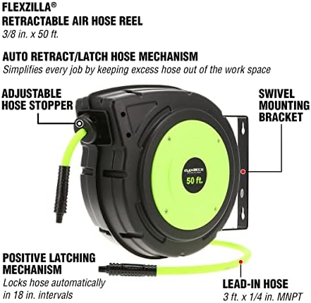 Flexzilla Retractable Enclosed Plastic Air Hose Reel, 3/8 in. x 50 ft., Heavy Duty, Lightweight, Hybrid, ZillaGreen - L8250FZ