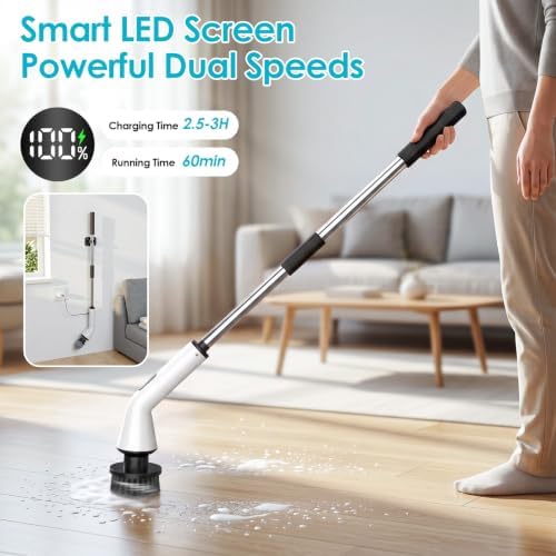 Electric Spin Scrubber for Bathroom, Power Cleaning Brush with 7 Replaceable Brush Heads, Adjustable Long Handle