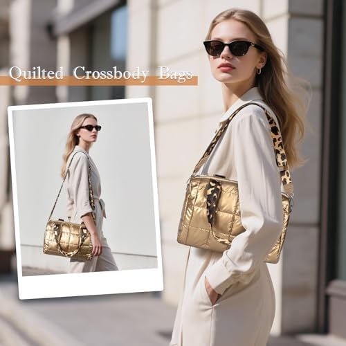 Quilted Gold Crossbody Tote Bag, Puffy Purses Top Handle Handbags, Puffer Shoulder Bag for Women