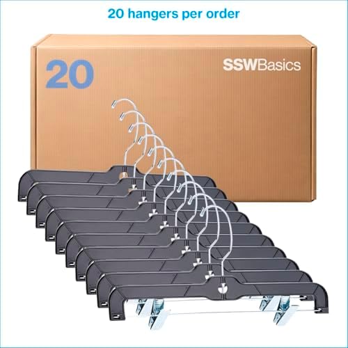 14-Inch Black Plastic Skirt and Pants Hangers - Pack of 20 with Chrome Swivel Hook, Padded Clips - Perfect for Retail and Home Use