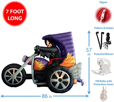 7 FT Long Halloween Inflatable Grim Reaper on Motorcycle | Lights, Outdoor Indoor, Blow Up Lighted Yard Decor, Lawn Inflatables