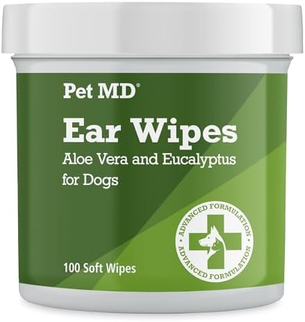 Pet MD Dog Ear Cleaning Wipes – Otic Cleanser for Dogs - 100 ct | Soothing Ear Care with Aloe Vera & Eucalyptus, Regular Wipes