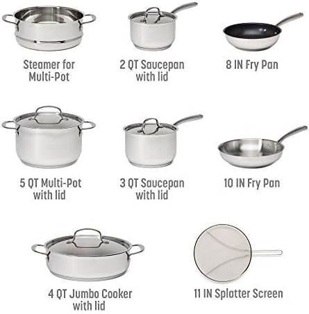 Goodful 12-Piece Classic Stainless Steel Cookware Set with Tri-Ply Base for Even Heating, Durable, Impact Bonded Pots and Pans