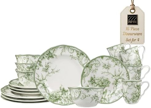 222 Fifth Adelaide 16-Piece Black Porcelain Dinnerware Set – Service for 4, Featuring Hand-Applied Romantic Woodland Bird Design