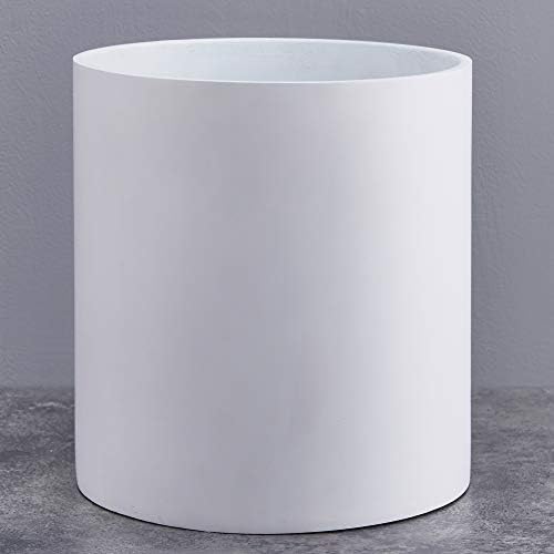 FaithLand 14 Inch Fiberstone Planter - Lightweight Modern Cylinder Plant Pot with Drainage Hole & Plug, Indoor Outdoor Use, Matte White