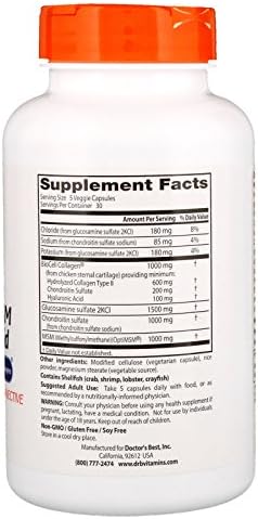 Doctor's Best Glucosamine Chondroitin MSM + Hyaluronic Acid with OptiMSM Featuring Biocell Collagen, Joint Support, Non-GMO, Gluten & Soy Free