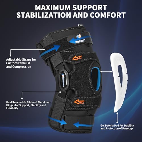TIMTAKBO Large Hinged Knee Brace With Side Stabilizers for Men Women | Knee Support Brace with Patella Gel Pad,Silicone Anti-Slip,Adjustable Open Back for Meniscus Tear, Arthritis,Knee Pain,Sports
