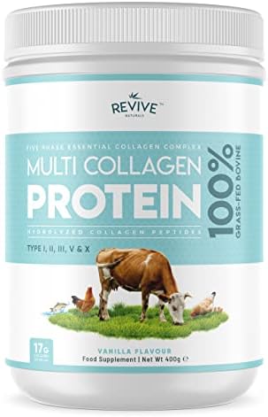 Revive Naturals Multi Collagen Hydrolyzed Protein Powder (16oz) - Types I, II, III, V & X - Grass Fed Bovine, Wild Caught Marine, Free Roaming Chicken & Eggshell Collagen Peptides,