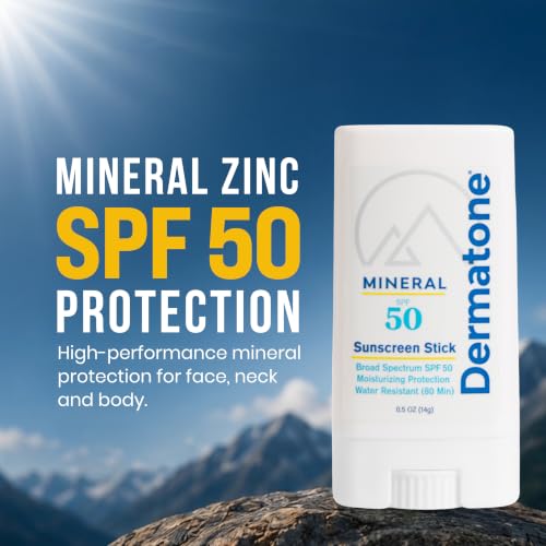 Dermatone Mineral Sunscreen Stick SPF 50 Zinc Oxide | Sunscreen Stick for Face and Body, Broad Spectrum UVA/UVB, Reef Safe, Moisturizing, Water Resistant (80 min), Fragrance Free, 0.5 oz