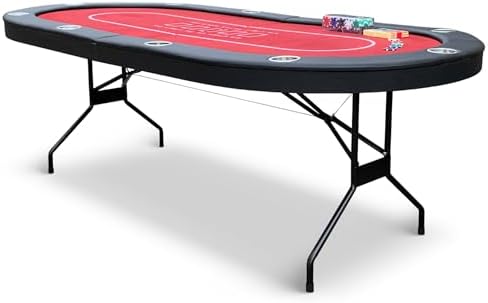 Hathaway Fourth Street Folding Texas Holdem Table – 10-Player Quick Folding Poker Table with Burgundy Felt Padded Surface – Includes Playing Cards