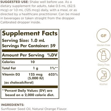 Solgar Liquid Vitamin D3 125 mcg (5, 000 IU) - 2 fl oz