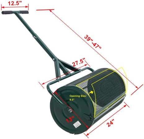 Peat Moss Spreader 24inch,Compost Spreader Metal Mesh,T Shaped Handle for Planting Seeding,Lawn and Garden Care Manure Spreaders Roller