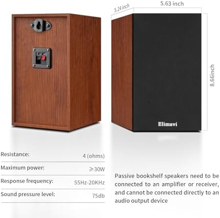 Elimavi Passive Bookshelf Speakers, Requires a Receiver or Amplifier, Brown | 2-Way Design with 4" Woofer & 1" Silk Horn Tweeter, 60Hz Bass, Rear Speakers for Home Theater Surround Sound, Cables included