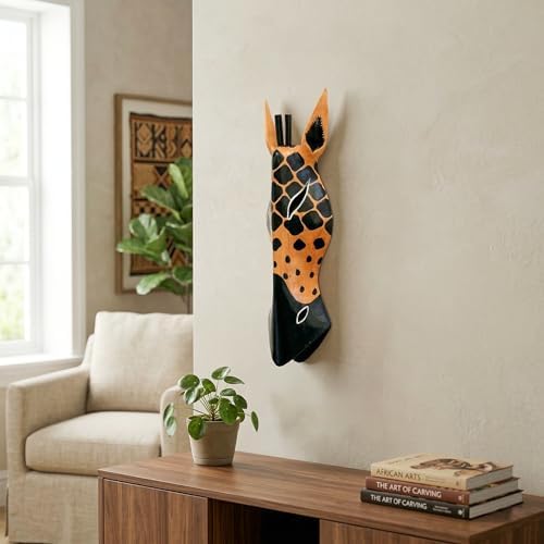 G6 Collection Wooden Tribal Giraffe Mask Hand Carved Wall Plaque Hanging Home Decor Accent Art Unique Sculpture Decoration Handmade Gift Handcrafted Decorative Mask (20" Tall)