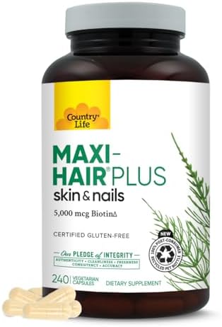 Country Life Maxi-Hair Plus 5000 mcg Biotin, 240 Vegetarian Capsules | Supports healthier-looking skin and strands plus strong nails from within