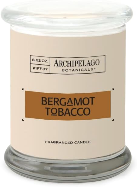 Archipelago Botanicals Bergamot Tobacco Soy Candle, 8.6 oz | Hand-Poured Premium Wax, Burns Approx. 60 Hours, Soy Candle in Glass Jar, 4.5 Inch
