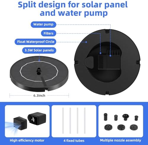 Solar Fountain for Bird Bath, Solar Water Fountain with Multiple Nozzles & Fixed Pipes, Upgraded Version 3.5W Solar Water Pump, Suitable for Bird Bath