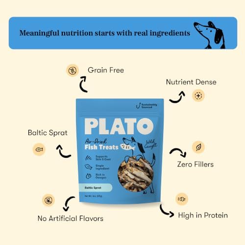 PLATO Single Ingredient Wild-Caught Baltic Sprat Dog Treats, Air-Dried Whole Fish, Omega-Rich Skin & Coat Support, 3 oz
