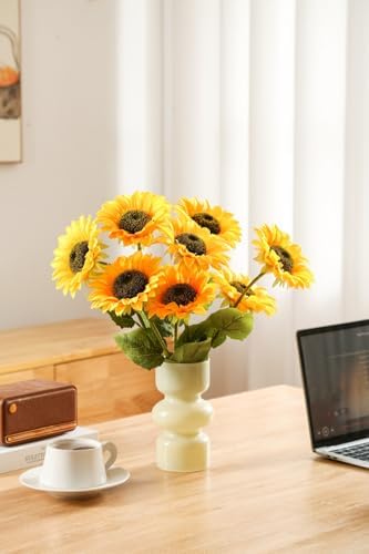 Laelfe Artificial Sunflower Flowers Long Stem Silk Fake Large Sunflowers Decoration for Outdoor Home Wedding Baby Shower Birthday Party Single Bulk