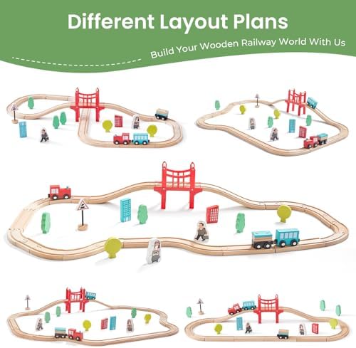 Tiny Land 39 Pcs Wooden Train Set for Toddler with Wooden Tracks | Compatible with Major Brands, Expandable