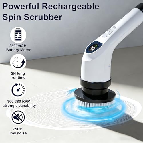 Electric Spin Scrubber for Cleaning with 7 Replaceable Heads | Adjustable Shower Brush with LED Display