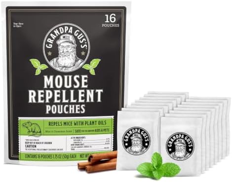 Grandpa Gus's Mouse Repellent Pouches, Natural Peppermint Oil, 4 Pouches | Cinnamon & Peppermint Oil Helps Repel Mice from Nesting in Home/Cabin/Boat/Car Storage/RV/Machinery/Shed, Kid & Pet Safe