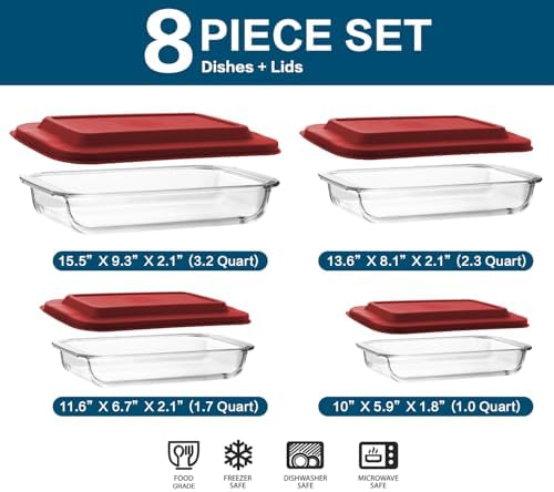 M MCIRCO 8 Piece Deep Glass Baking Dish with Lids, BPA free,Gray